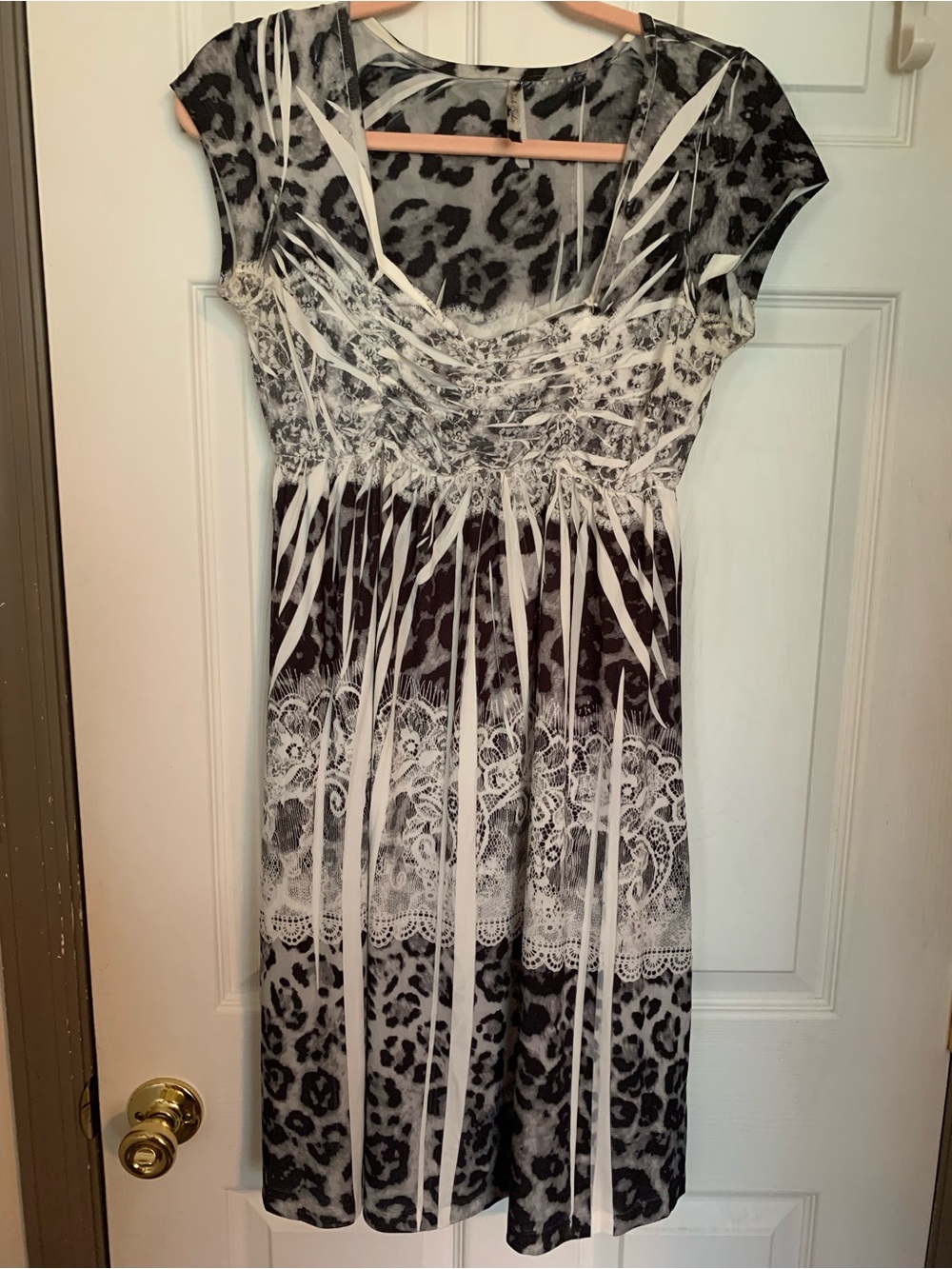 Women’s Black & White Midi Dress with Animal and Lace Print